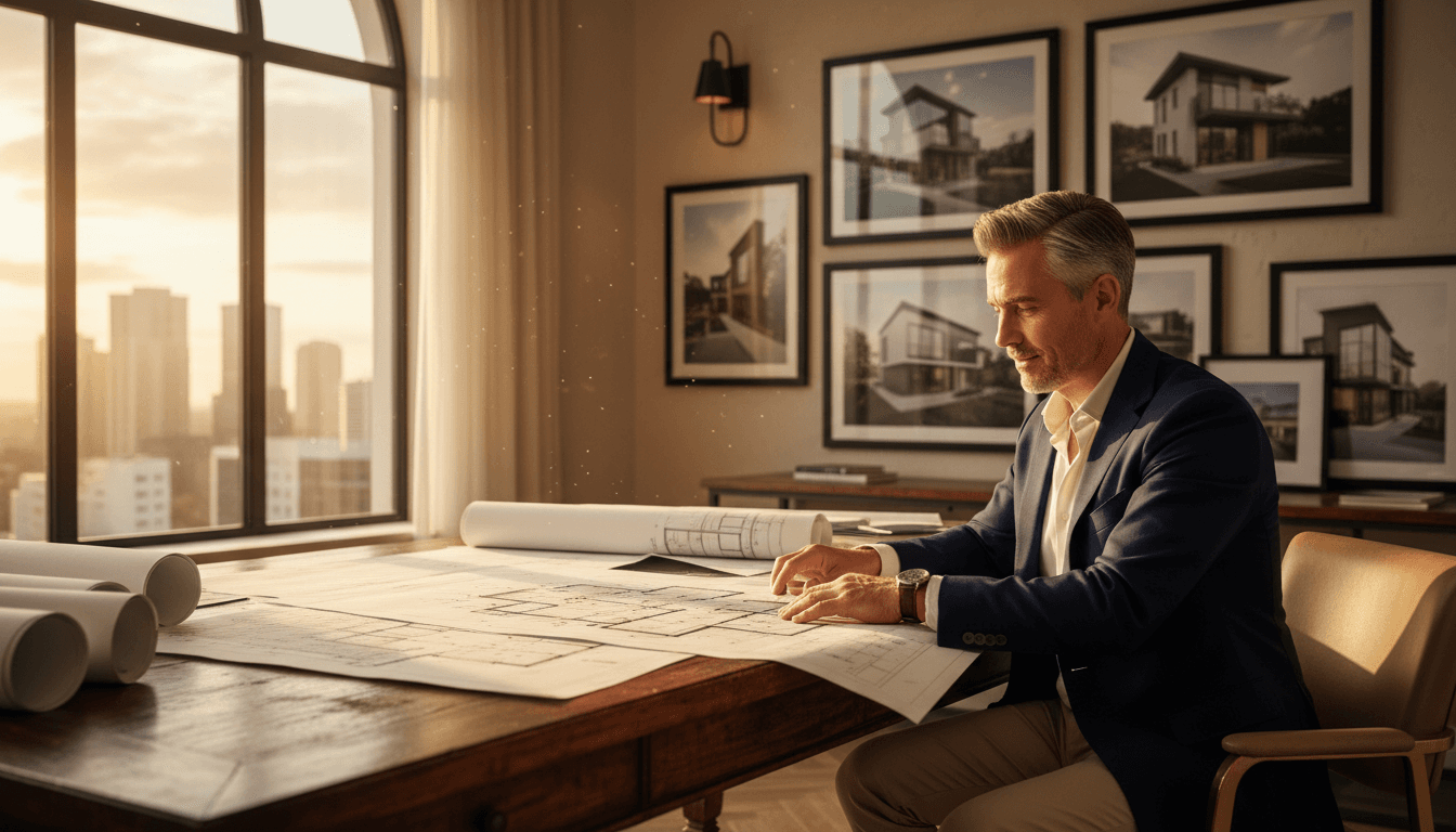 Real estate investor reviewing property documents and floor plans at desk with natural window light
