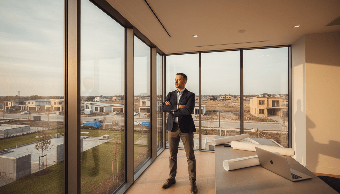 Real estate investor overlooking a residential development project from a modern office